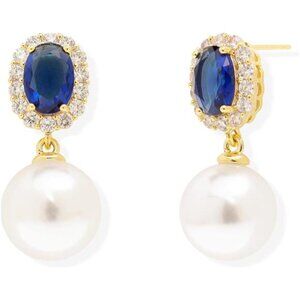 Blue Sapphire & Pearl Dangle Earrings | Diamond Halo Style | Hypoallergenic